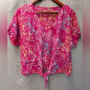 Blue Ginger Pink Floral Tie-Front Blouse